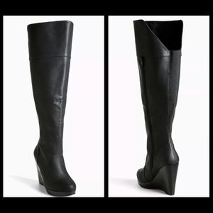 Black Faux Leather Over Knee Wedge Boots 10W
